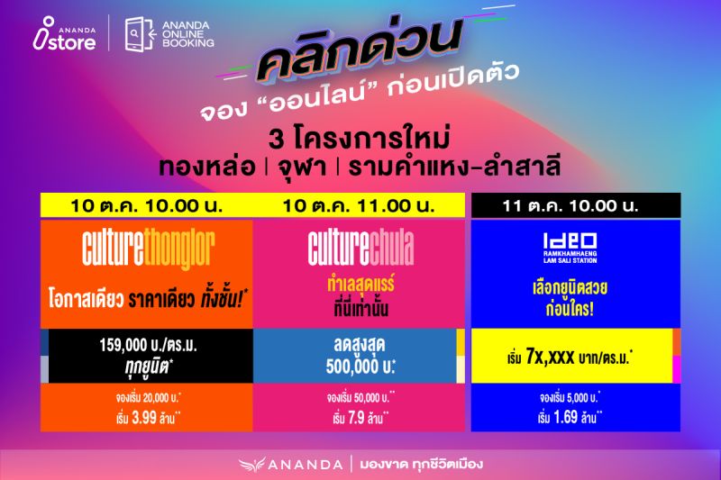 ANAN ส่ง 3 โครงการใหม่ร่วมเปิดจองคอนโดฯ ผ่านออนไลน์ 10-11 ต.ค.
